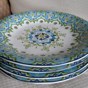 Pier 1 Celeste Pattern (4) Lunch Salad Plates 9” Blue Green Yellow, Set of 4